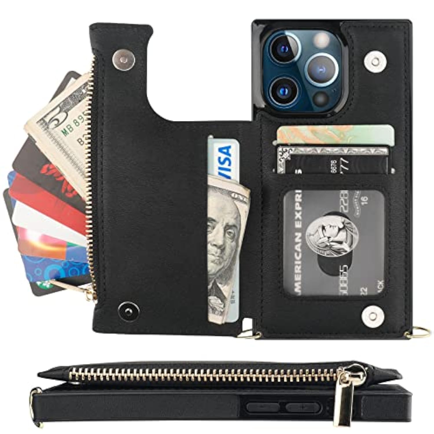 Crossbody Wallet Case For Iphone 13 Pro With Rfid Blocking Card Slot Holder, Magnetic Flip Folio Purse Case, Pu Leather Zipper Handbag With Detachable Lanyard Strap 6.1 Inch 5G (Black)