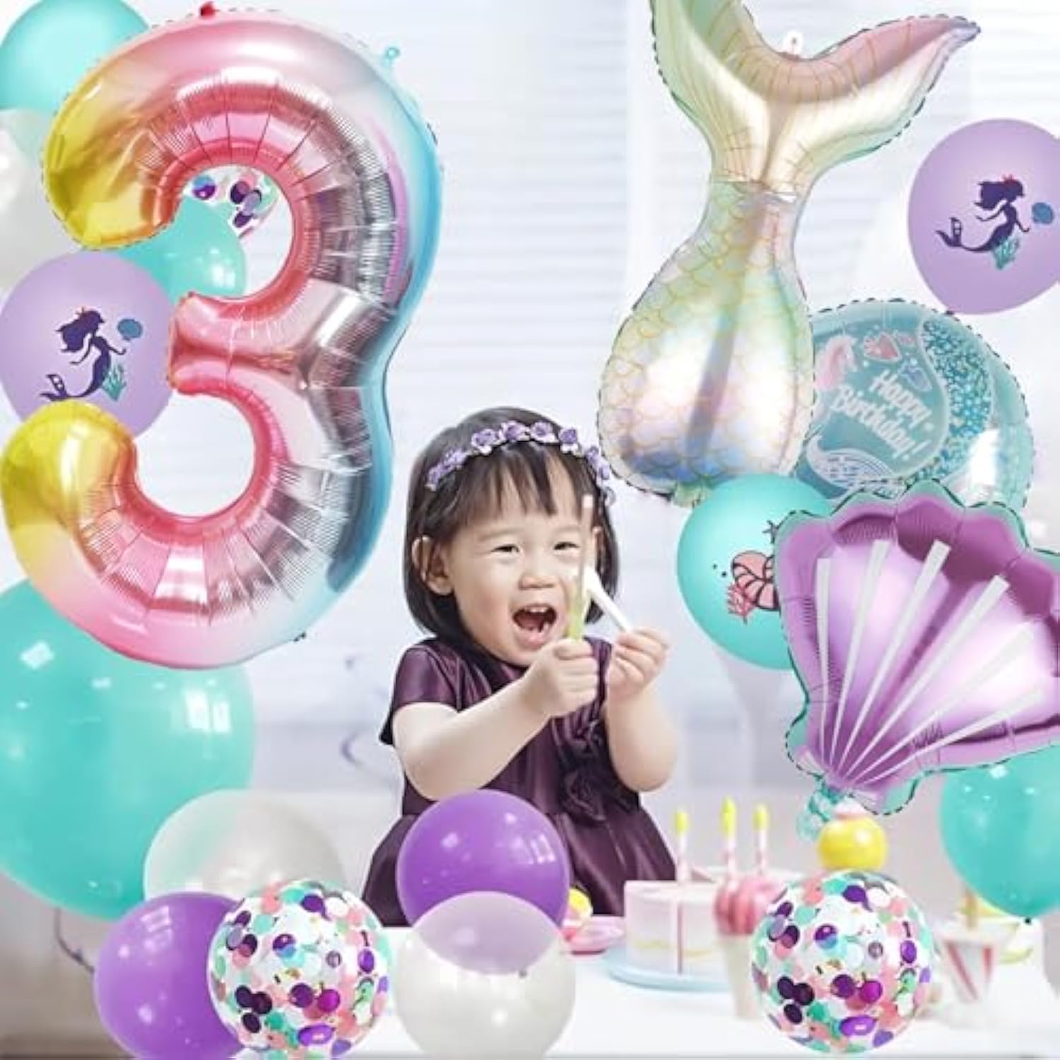 Mermaid Birthday Decoration Mermaid Foil Large Number Balloons For Girls Under The Sea Mermaid Theme Baby Shower Birthday Favors?40Inch Number Balloon 3?
