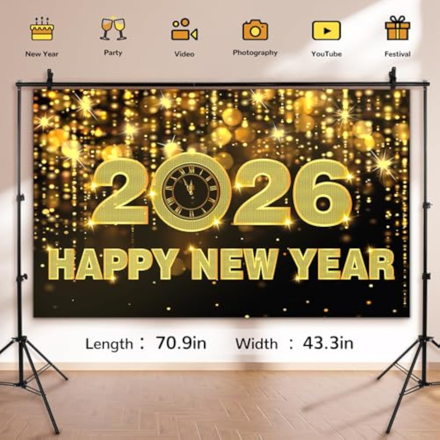 70.8x45in Happy New Year 2026 Banner Black Gold Party Backdrop Decorations