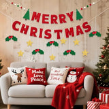 Merry Christmas Banner With Red Berries And Leaves,Christmas Banner Decoration With Gold Stars,Xmas Bunting Garland Felt Party Supplies For Wall,Fireplace Mantel,Window.