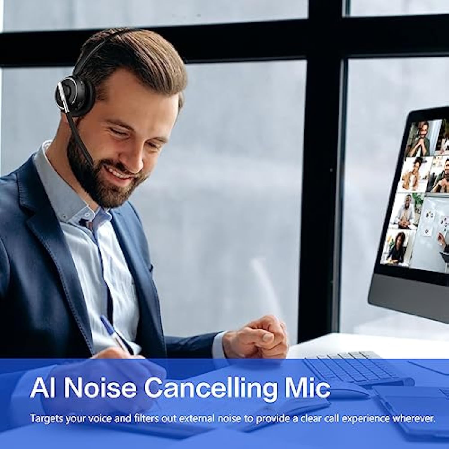 Bluetooth Headset, Wireless Headset With Microphone For Pc, V5.2 Computer Headset With Noise Cancelling Mic, Usb Dongle, Charging Base & Mute Button For Work, Cell Phones, Computer (Black)