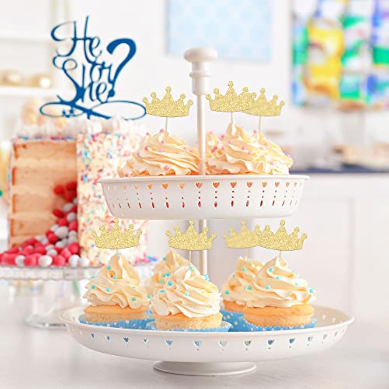 24Pcs Gold Crown Cupcake Toppers – Glitter Picks for Princess, Baby Shower & Birthday Decor