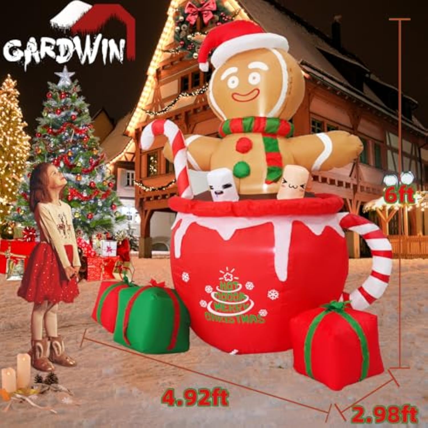 6Ft Gingerbread Christmas Inflatable Outdoor Decoration, Christmas Outdoor Decoration Blow Up Gingerbread Mug Yard Decor