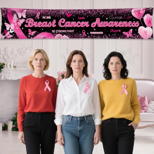 Breast Cancer Awareness Banner Backdrop October Breast Cancer Month Decorations Black Ribbon Party Banner Butterfly Love Hope Faith Strength Party Charity Activities Fundraising 98.4x19.6inch