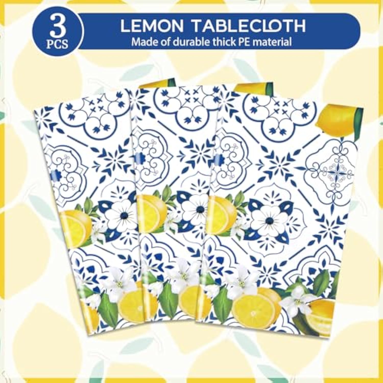 3 Pcs Lemon Tablecloth Disposable Blue Tile Plastic Table Covers Lemon Decor For Baby Shower Italian Themed Party Decorations Supplies 54 X 108 Inch
