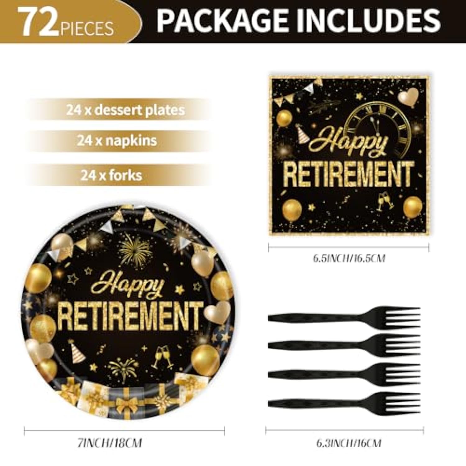 72Pcs Retirement Plates And Napkins, Black Gold Happy Retirement Party Decorations Paper Plates And Napkins With Forks Disposable Tableware Set For Men Women
