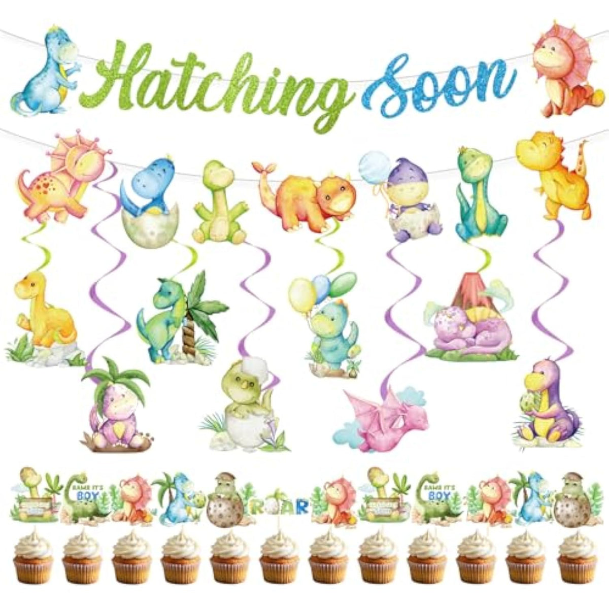 Dinosaur Baby Shower Decorations - 22Pcs Hatching Soon Baby Shower Decorations Hatching Soon Banners Hanging Swirls Cupcake Toppers Dino Themed Gender Reveal Supplies Dinosaur Party Decor