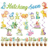 Dinosaur Baby Shower Decorations - 22Pcs Hatching Soon Baby Shower Decorations Hatching Soon Banners Hanging Swirls Cupcake Toppers Dino Themed Gender Reveal Supplies Dinosaur Party Decor