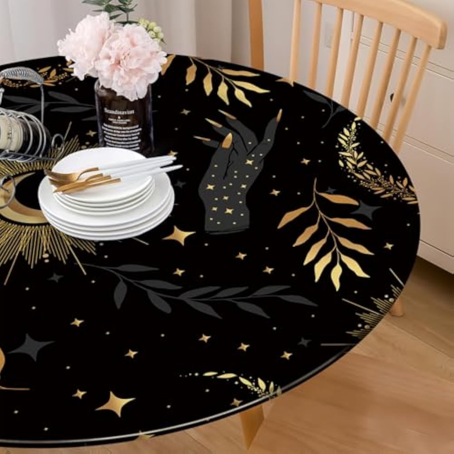 Celestial Black Gold Round Tablecloth 36-44 Inch Mystical Washable Decor