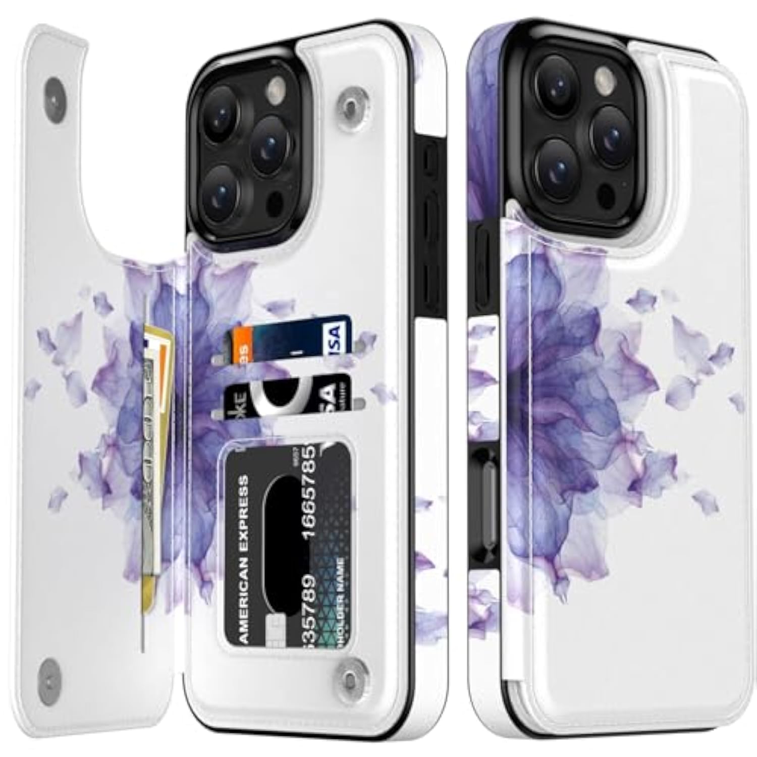 For Iphone 16 Pro Wallet Case - Flip Folio Leather Kickstand - Fashionable Flower Designs - Credit Card Holder - Protective Phone Cover For Women And Girls - 6.3" - Blooming Purple Flower