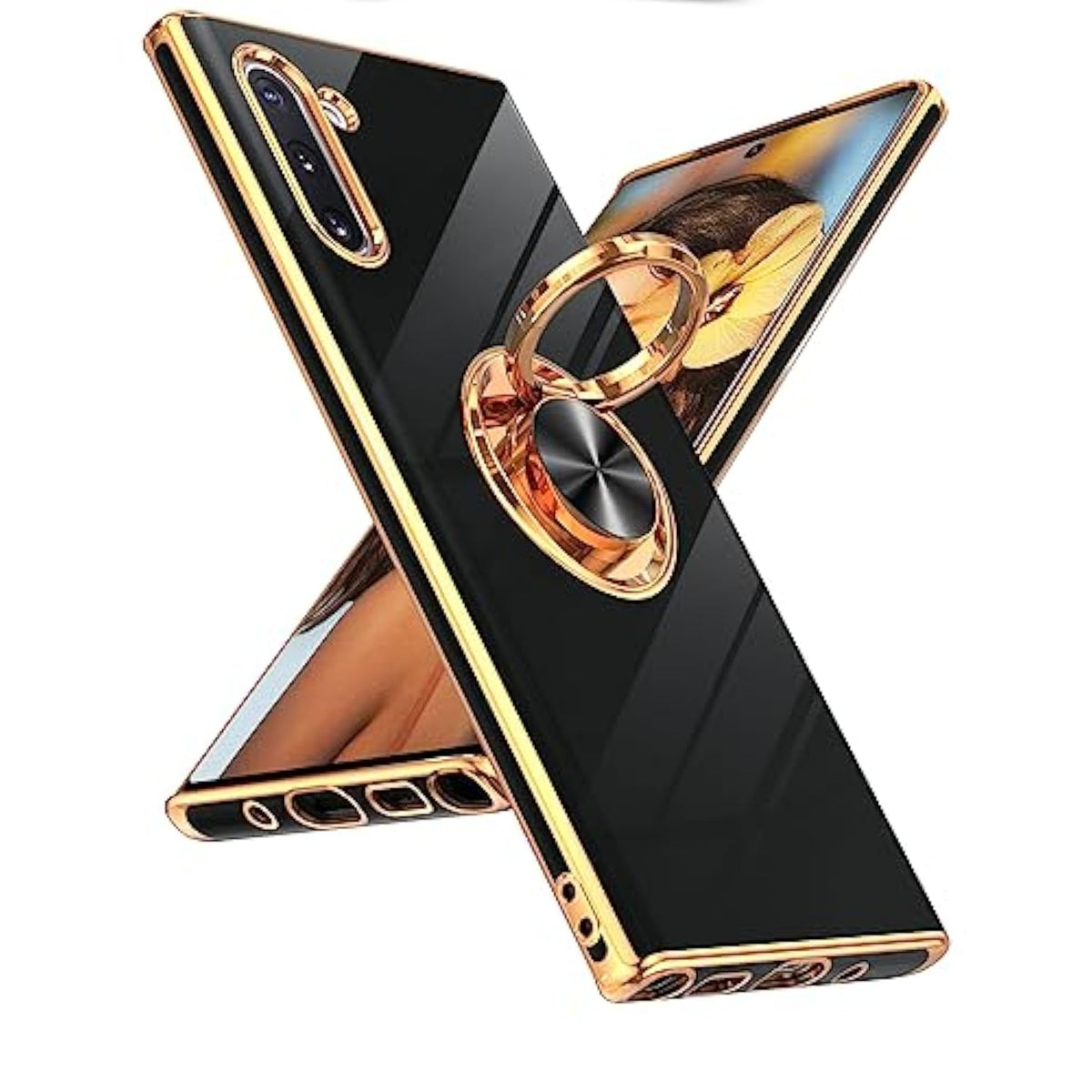 For Galaxy Note 10 Case: 360° Rotatable Ring Holder Magnetic Kickstand, Plating Rose Gold Edge Protective Case [ Not Applicable Note 10 Plus], Black