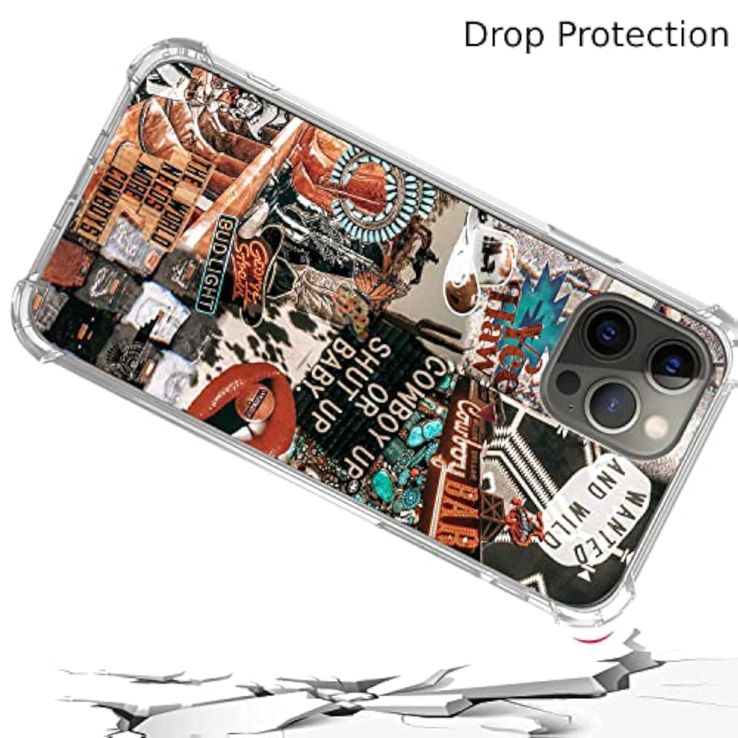 Western Cowgirl Cowboy Collage Case For Iphone 16 Pro Max, Howdy Ranch Boho Southwestern Retro Design, Unique Trendy Tpu Bumper Cover