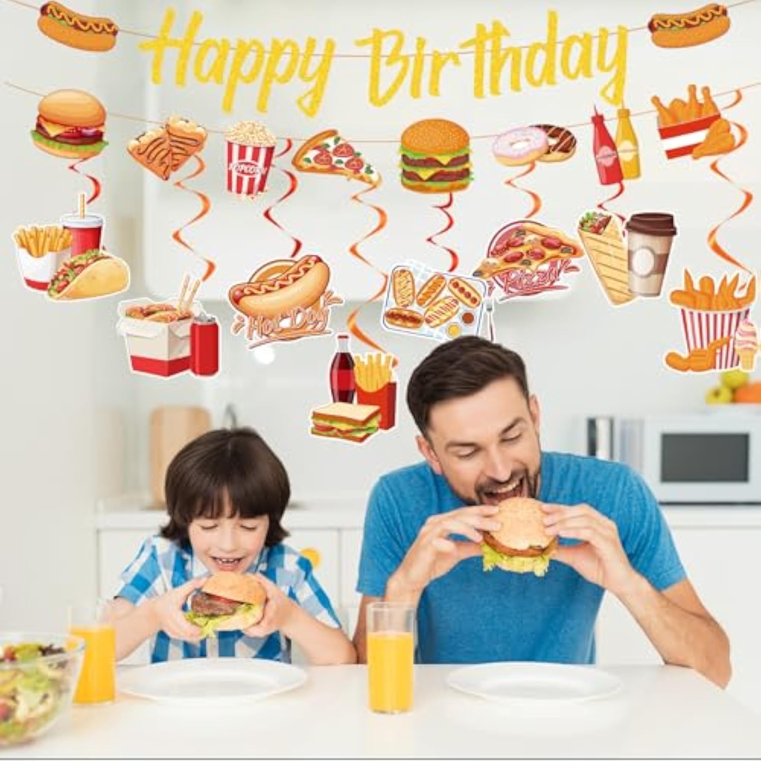 Fast Food Birthday Party Decorations, 10Pcs Glitter Happy Birthday Banner And Hanging Swirls Decoration Pizza Hamburger Hot Dog Decor French Fries Popcorn Donuts Themed Party Supplies