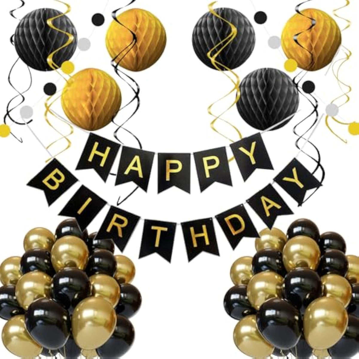 Black & Gold Birthday Decor Banner, Balloons, Honeycomb Balls & Streamers