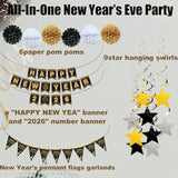 Happy New Year 2026 Party Set Black Gold Banner Swirls Flags Pom Poms