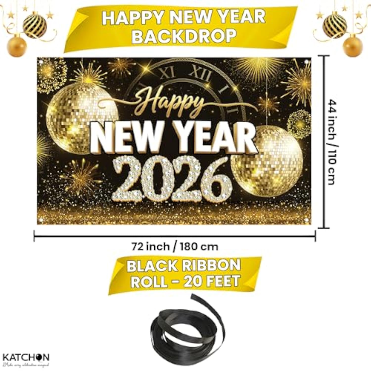 XL Gold Happy New Year 2026 Banner 72x44in Party Backdrop Decorations
