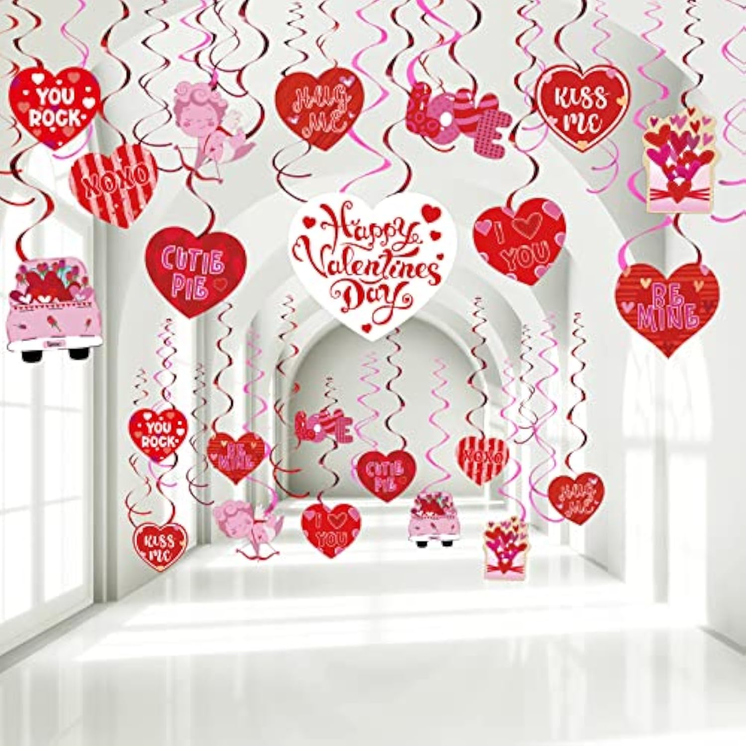 53 Pcs Valentine‘S Day Party Decorations, Valentine Hanging Heart Swirls Ceiling Foil Decorations Red Pink Conversation Hearts Decor For Happy Valentines Day Wedding Anniversary Theme Party Supplies
