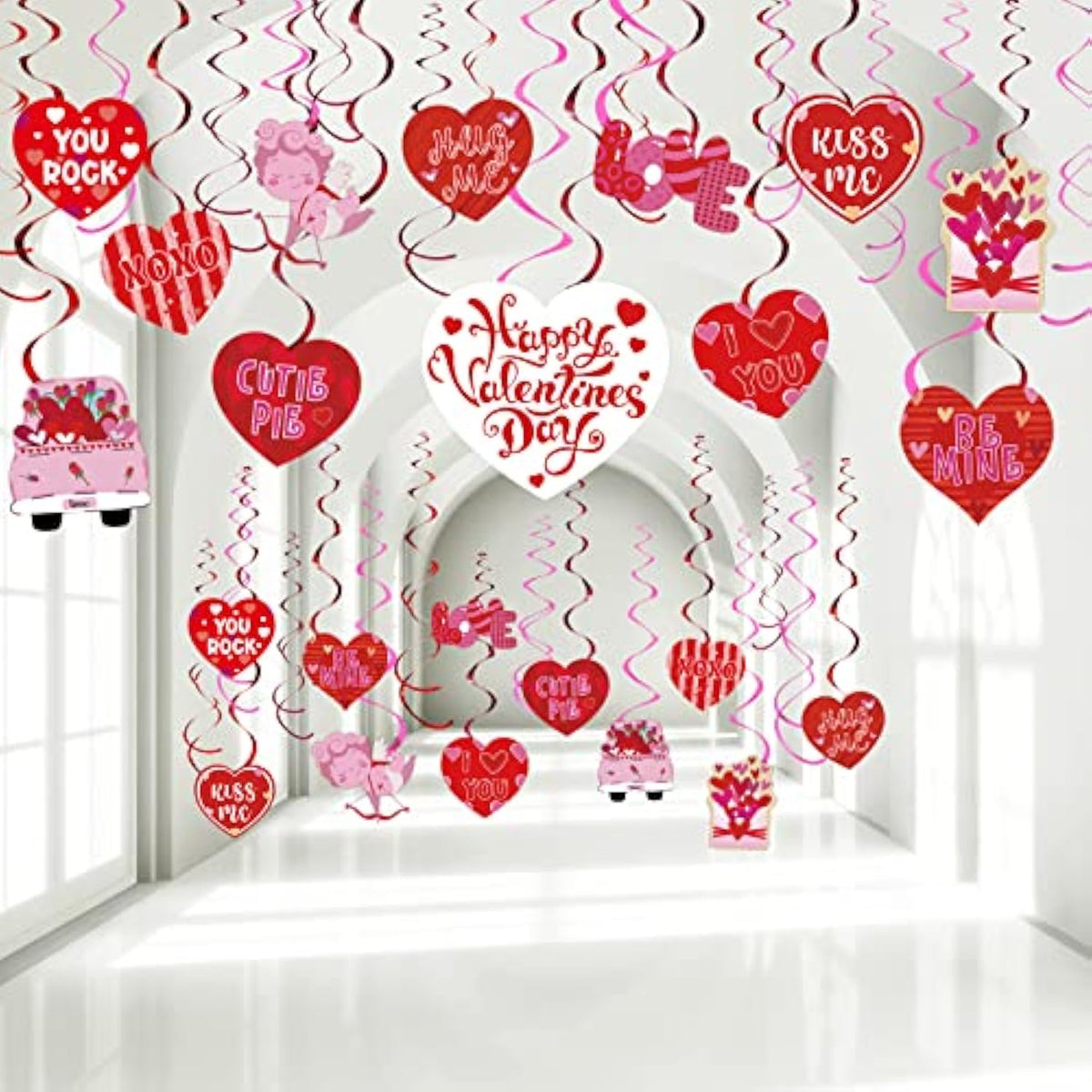 53 Pcs Valentine‘S Day Party Decorations, Valentine Hanging Heart Swirls Ceiling Foil Decorations Red Pink Conversation Hearts Decor For Happy Valentines Day Wedding Anniversary Theme Party Supplies