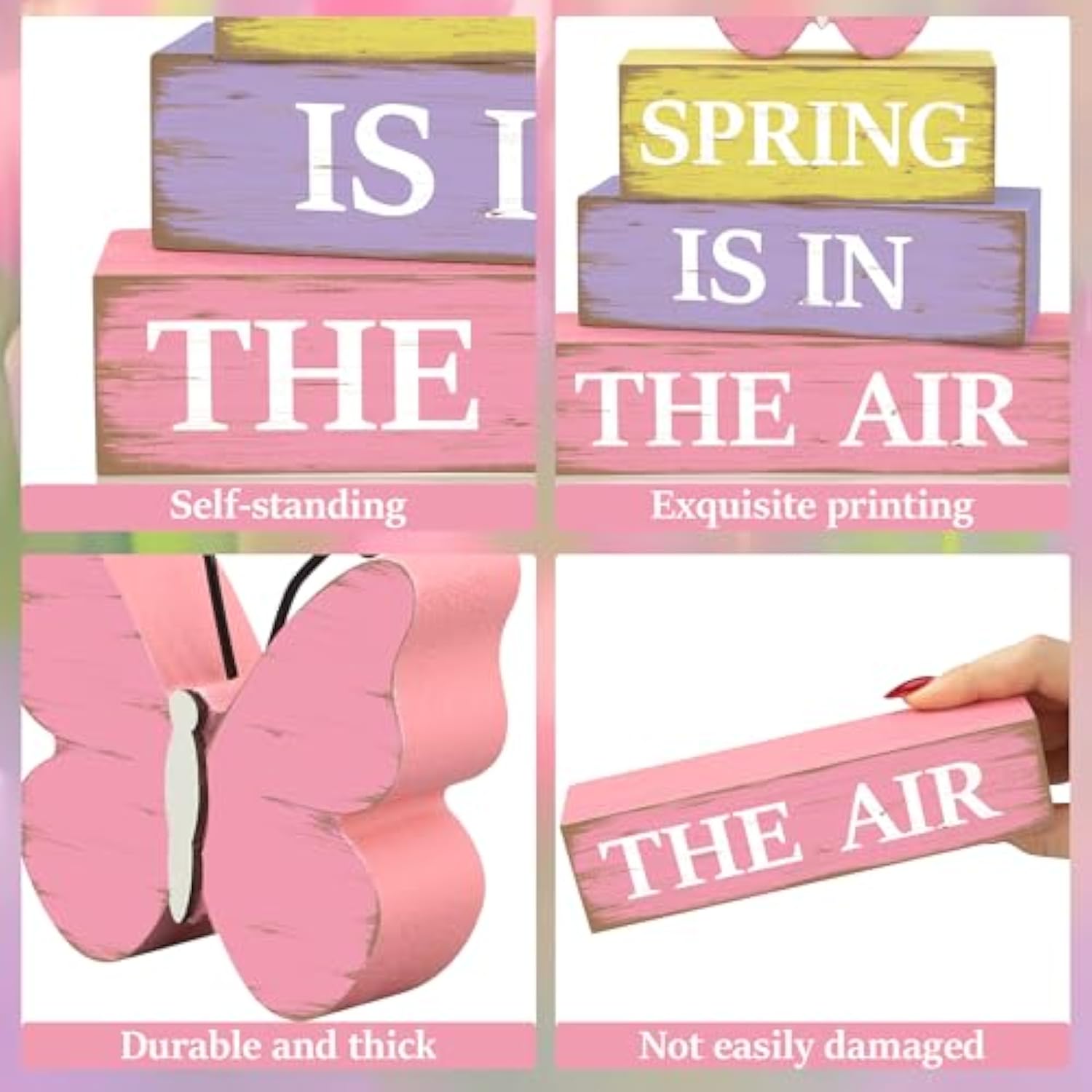 4 Pcs Spring Butterfly Wooden Table Sign Spring Is In The Air Table Block Centerpieces Rustic Farmhouse Butterfly Wood Tabletop Decorations For Party Home Office Kitchen Shelf Desk Tiered Tray Decor