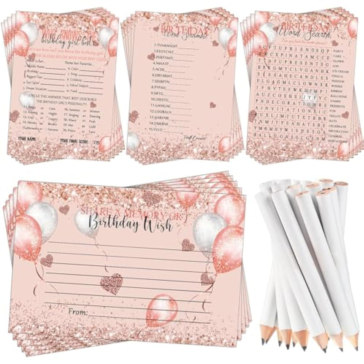 100 Pcs Who Knows The Birthday Girl Best Cards With 20 Pre Pointed Pencils Set For 20 Guests, Girls Birthday Night Game Ideas, Girls Her Sleepover Party Supplies, 4 Activities(Balloon)
