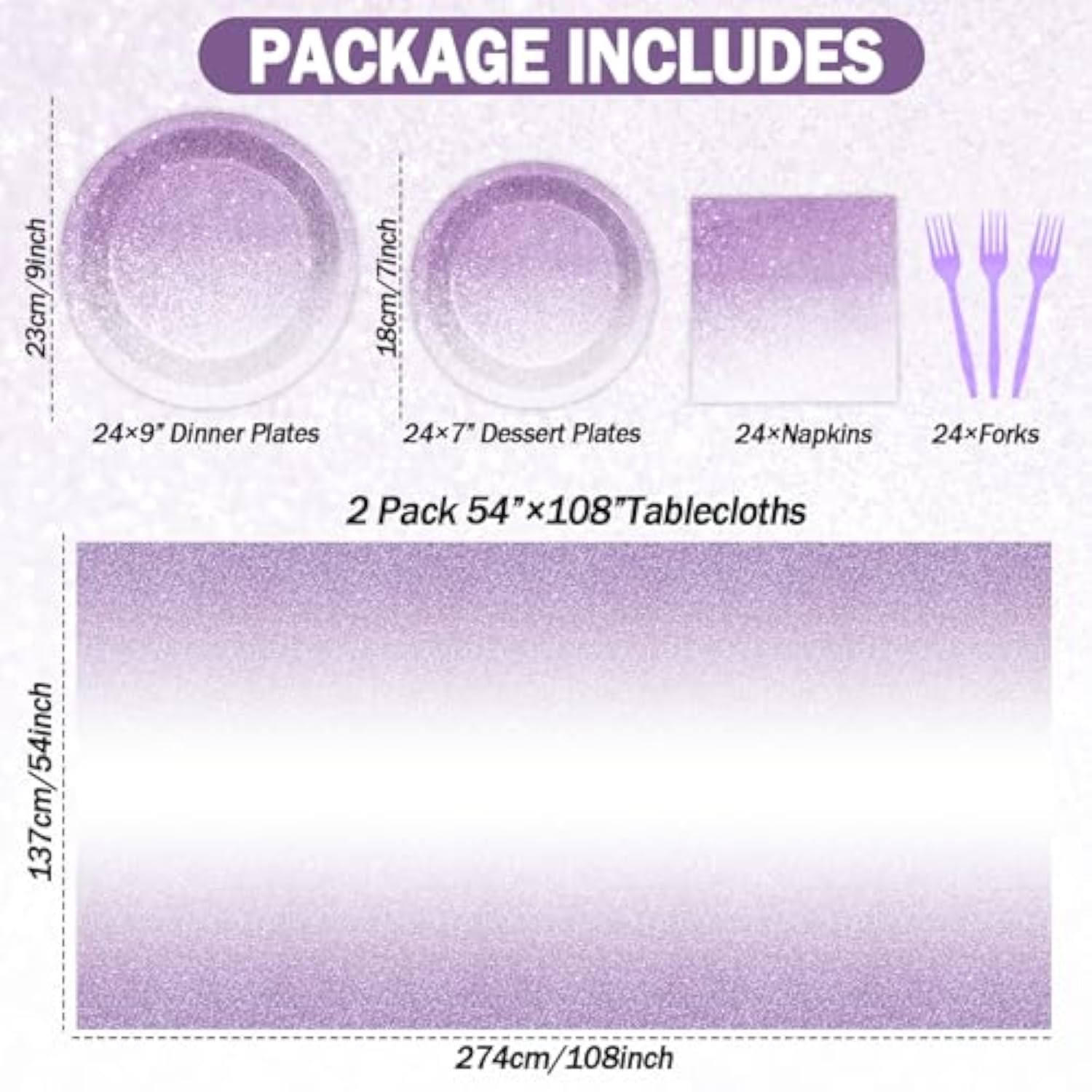 98 Pcs Gradient Pastel Purple Tableware - Plates, Napkins, Tablecloth & Party Decorations - Light Purple Sprinkle Wedding & Birthday Table Cover & Party Favors