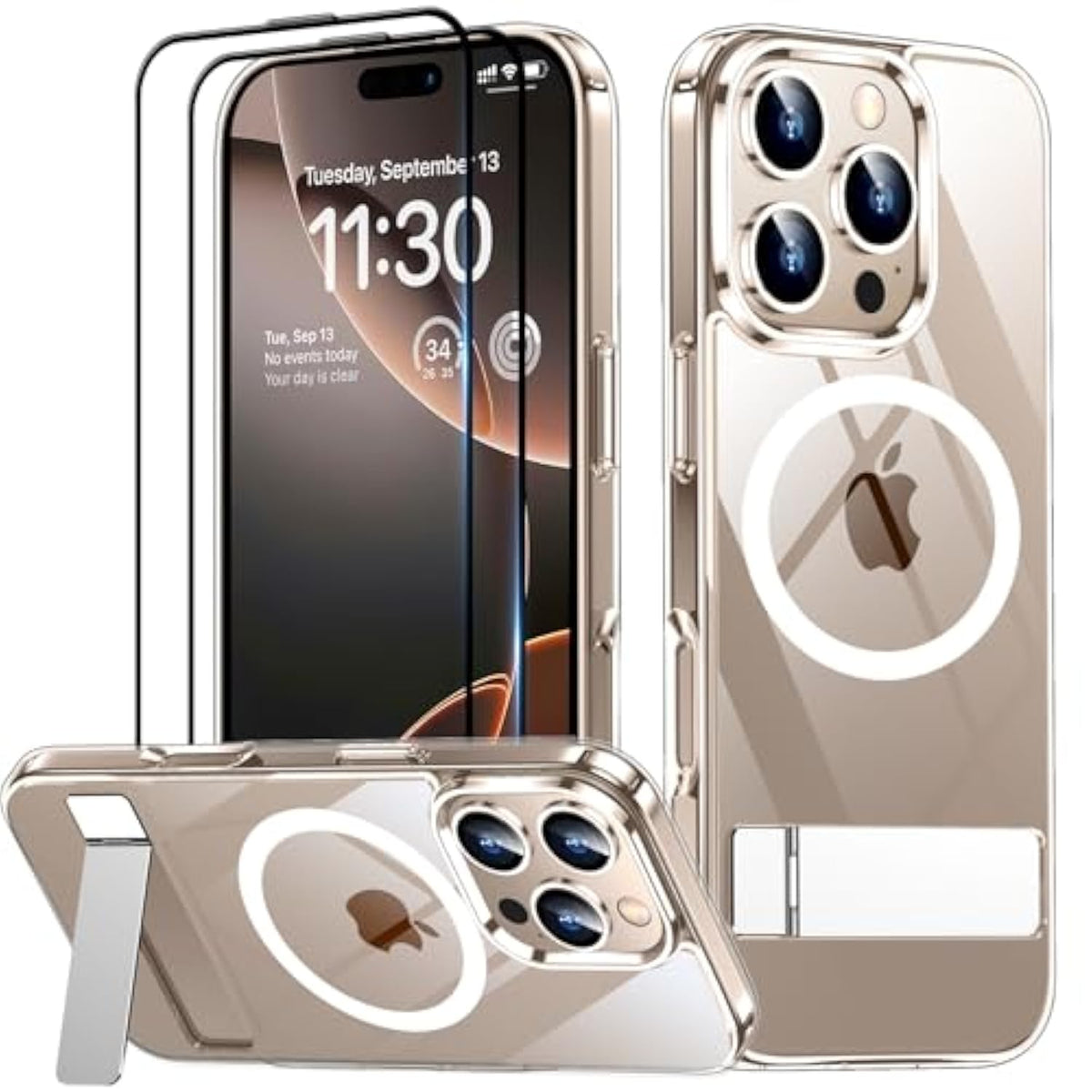 Magnetic For Iphone 16 Pro Max Case, With 2Pcs [Tempered Glass Screen Protector] [ Grade Drop Protection] Invisible Kickstand Slim Case For Iphone 16 Pro Max 6.9", Clear