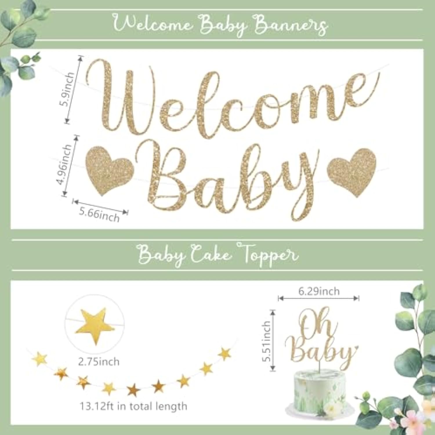 51pcs Sage Green Baby Shower Decor Set with Balloons, Banner, Cake Topper & More