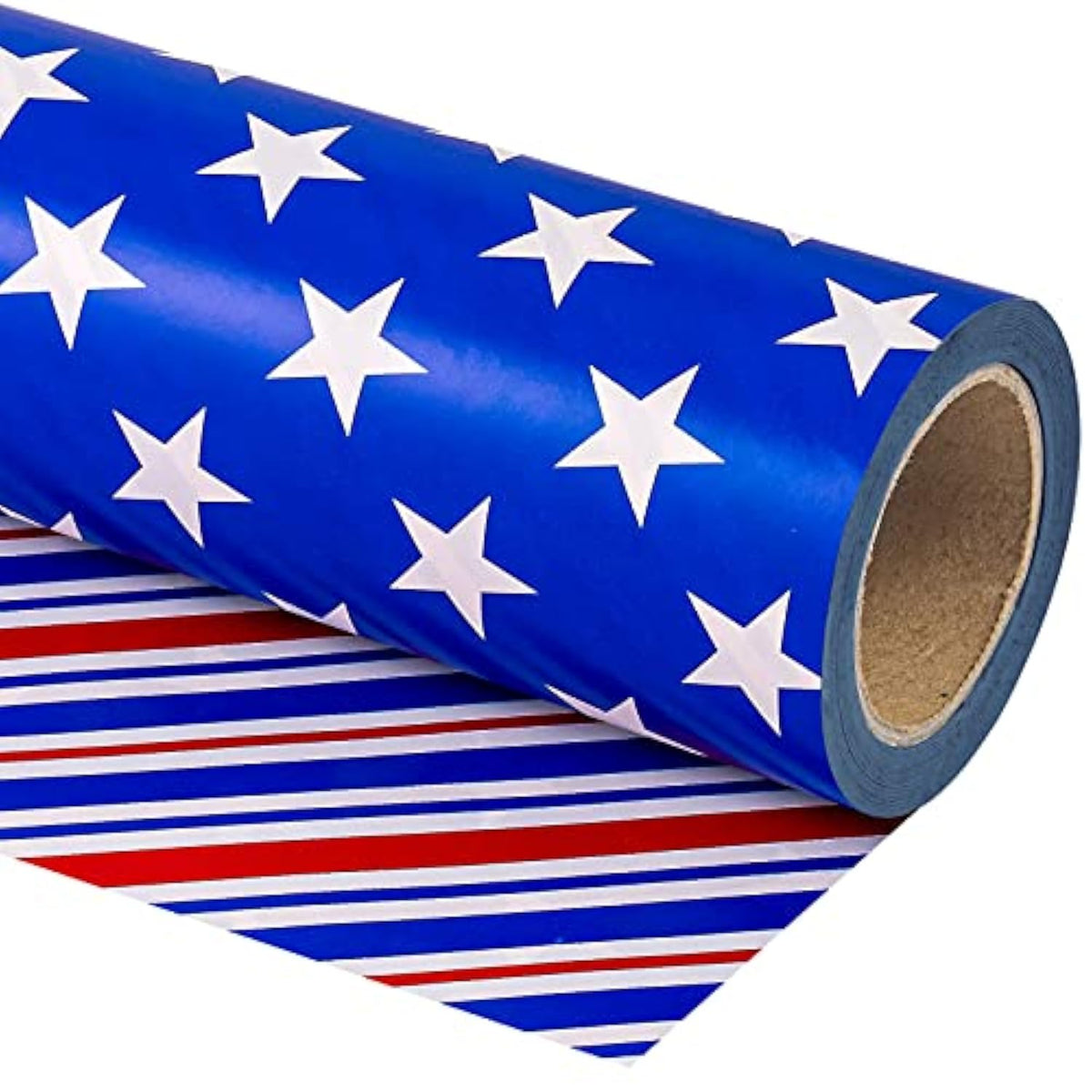 Reversible 4Th Of July Wrapping Paper - Mini Roll - 17 Inch X 33 Feet - Blue Red White Stripe And Star Design, Perfect For Memorial Day, Holiday, Party