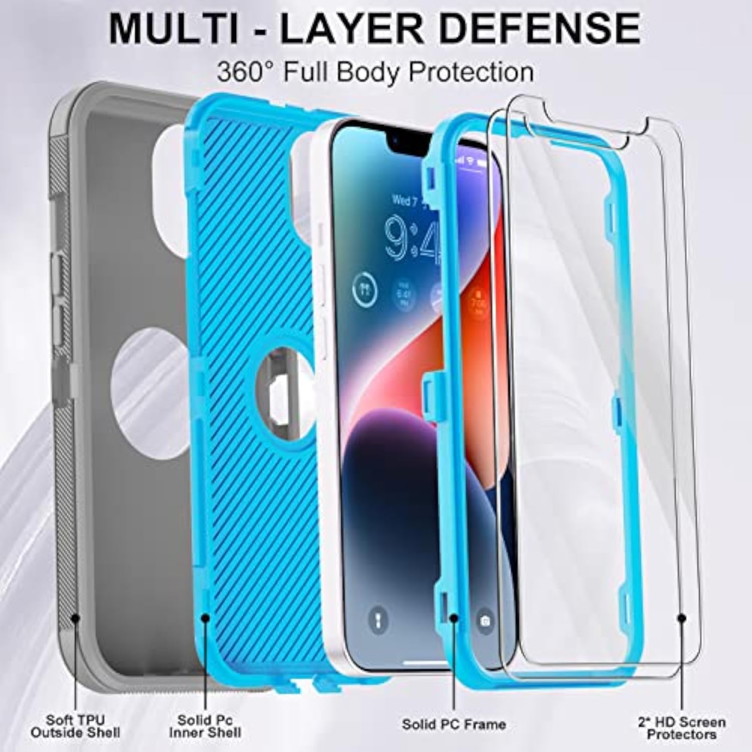 Heavy Duty iPhone 14 Case with 2 Screen Protectors, 3-Layer Rugged Durable Military Grade Cover for Apple iPhone 14 6.1 Inch, Gray and Blue Color Combination