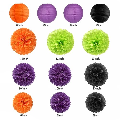 Black Purple Orange-Green Halloween Party-Decorations - 20pcs Paper Lanterns Fans,Tissue Pom Poms,Honeycomb Balls,Hotel Transylvania Hocus Pocus Birthday Baby Bridal Shower Wedding Decor