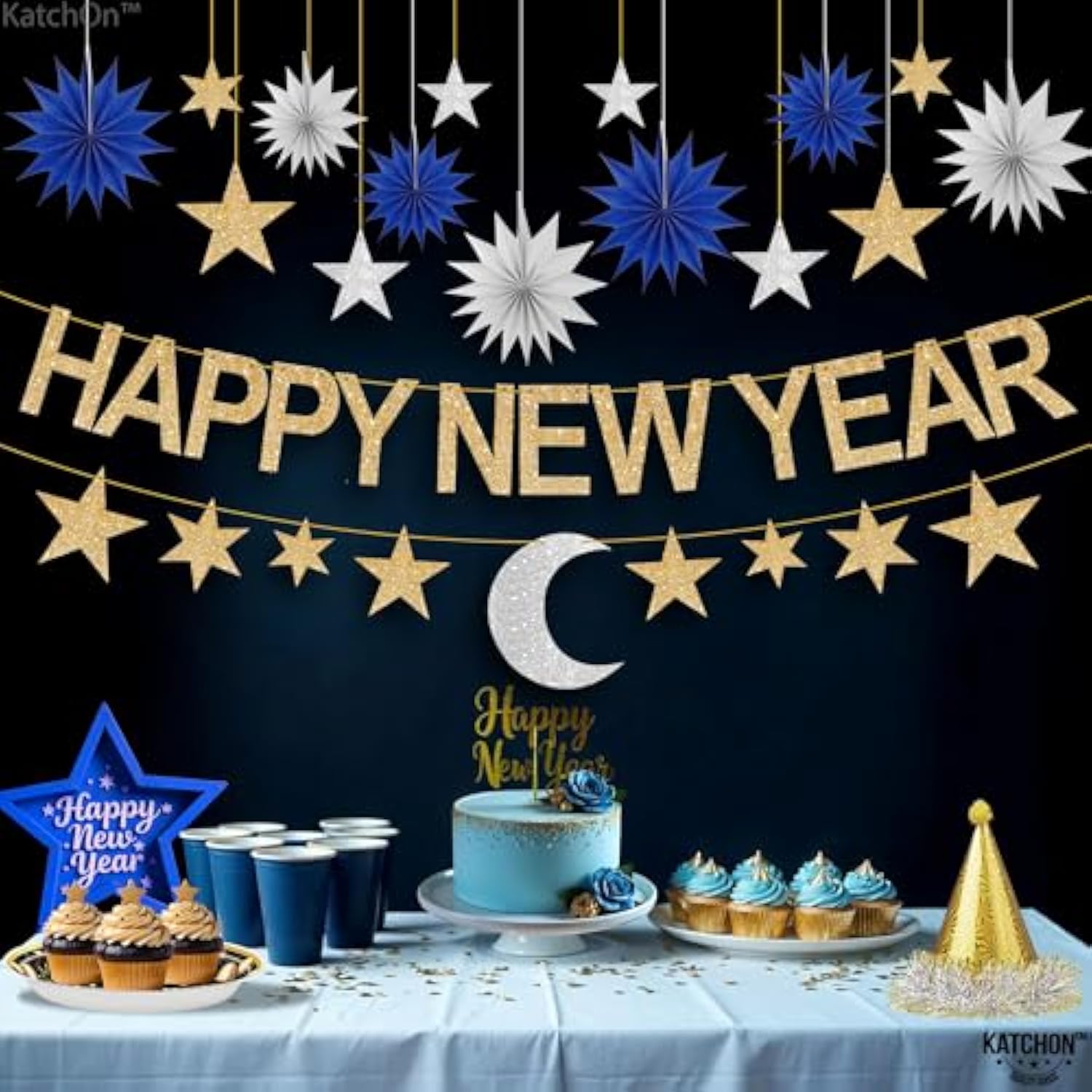Glitter Happy New Year Banner 17pcs Gold Stars Moon Garland 2026