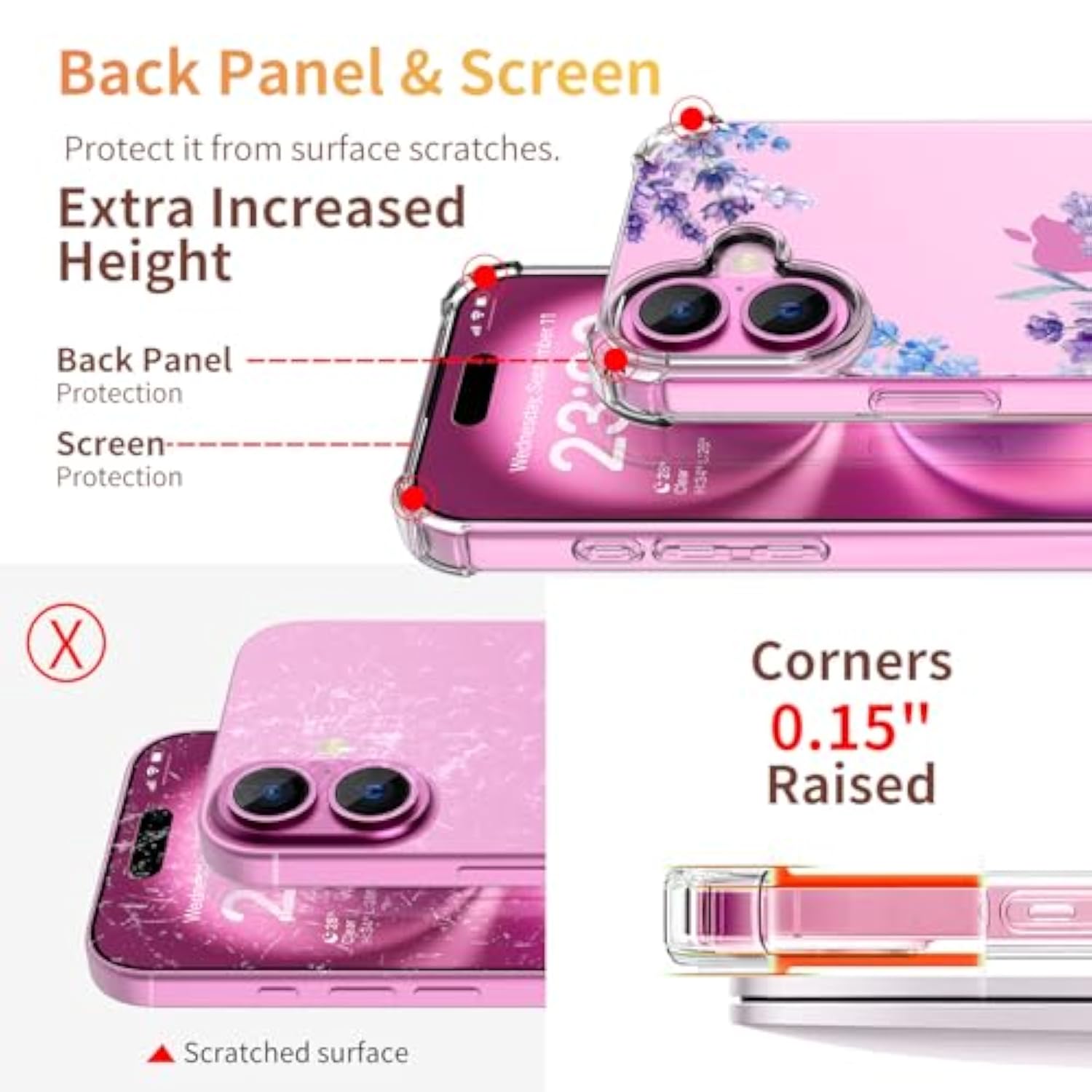 For 16 Case,[3 In 1] With Screen Protector & Camera Lens Protector, Flower Pattern Design,Clear Soft Shockproof Slim Floral Phone Cover For Women Girls 2024 6.1" (Lavender/Purple)