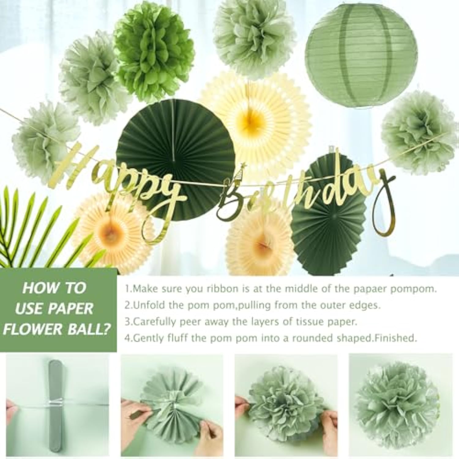 Sage Green Birthday Decor Kit – Banner, Paper Fans, Pom Poms & Lanterns for Boho Parties