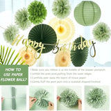 Sage Green Birthday Decor Kit – Banner, Paper Fans, Pom Poms & Lanterns for Boho Parties
