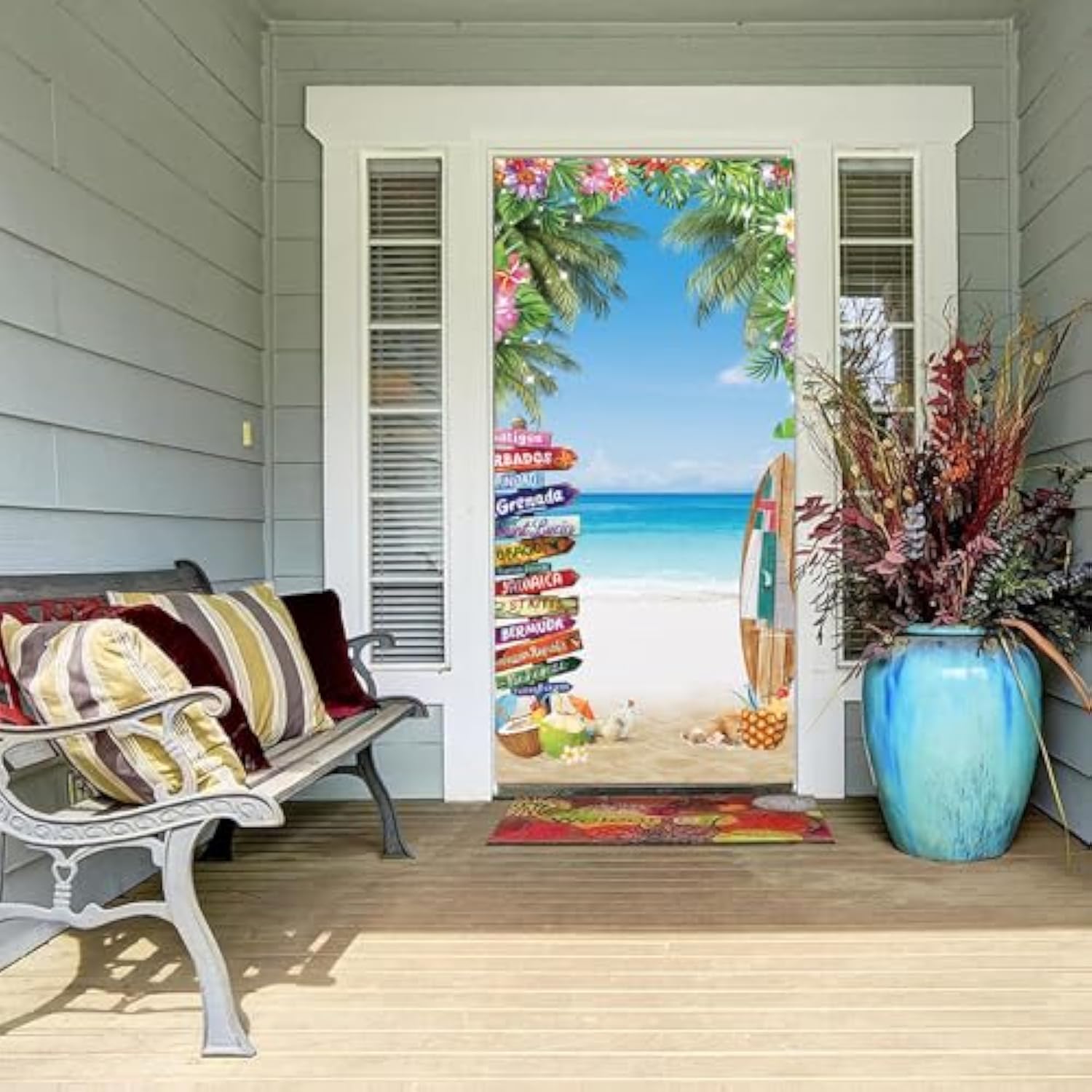 35.4 X 72.8 Inches Summer Tropical Beach Seaside Door Banner Supplies Hawaiian Floral Lead Sign Seaside Party Surf Baby Shower Kids Cake Table Banner Shooting Backgrounds