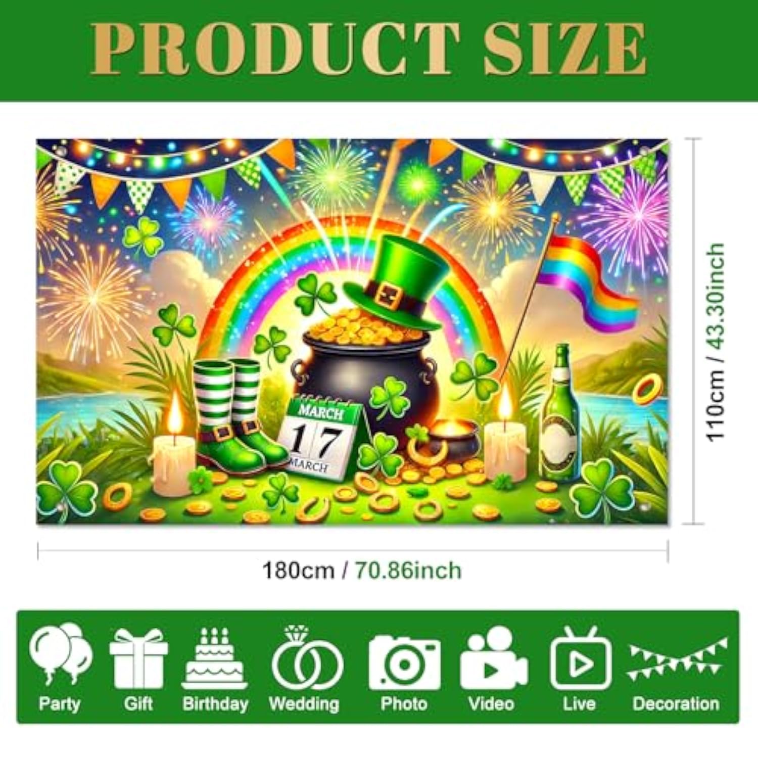 St. Patrick’S Day Banner Happy St. Patrick’S Day Decorations 71X43 Inch Rainbow Shamrock Gold Coin Pot Clover March 17 Party Wall Decor Holiday Photo Backdrop Indoor Outdoor