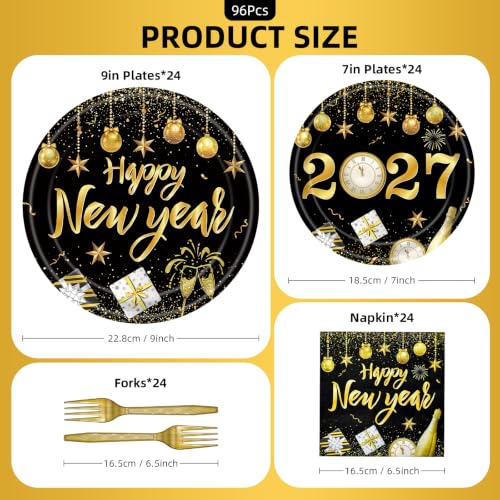 96 Pieces Happy New Year Tableware Set – Black and Gold Disposable Plates, Napkins, and Forks with Fireworks and Champagne Designs for New Year’s Eve Parties – Serves 24 Guests
