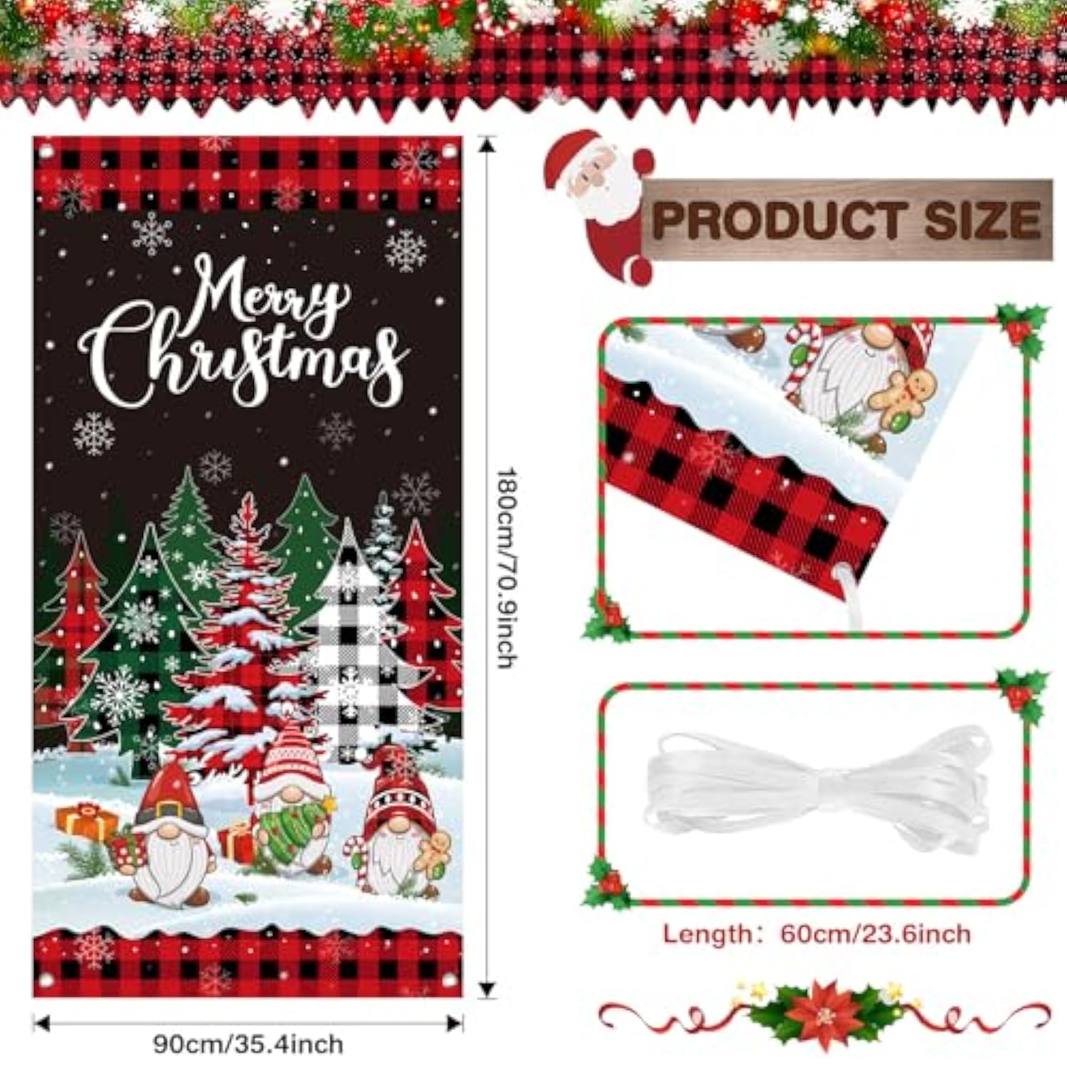 Christmas Door Cover Banner Backdrop Buffalo Plaid Christmas Tree Door Hanging Cover For Winter Holiday Photography Hanging Decorations Supplies, 71 X 35 Inch