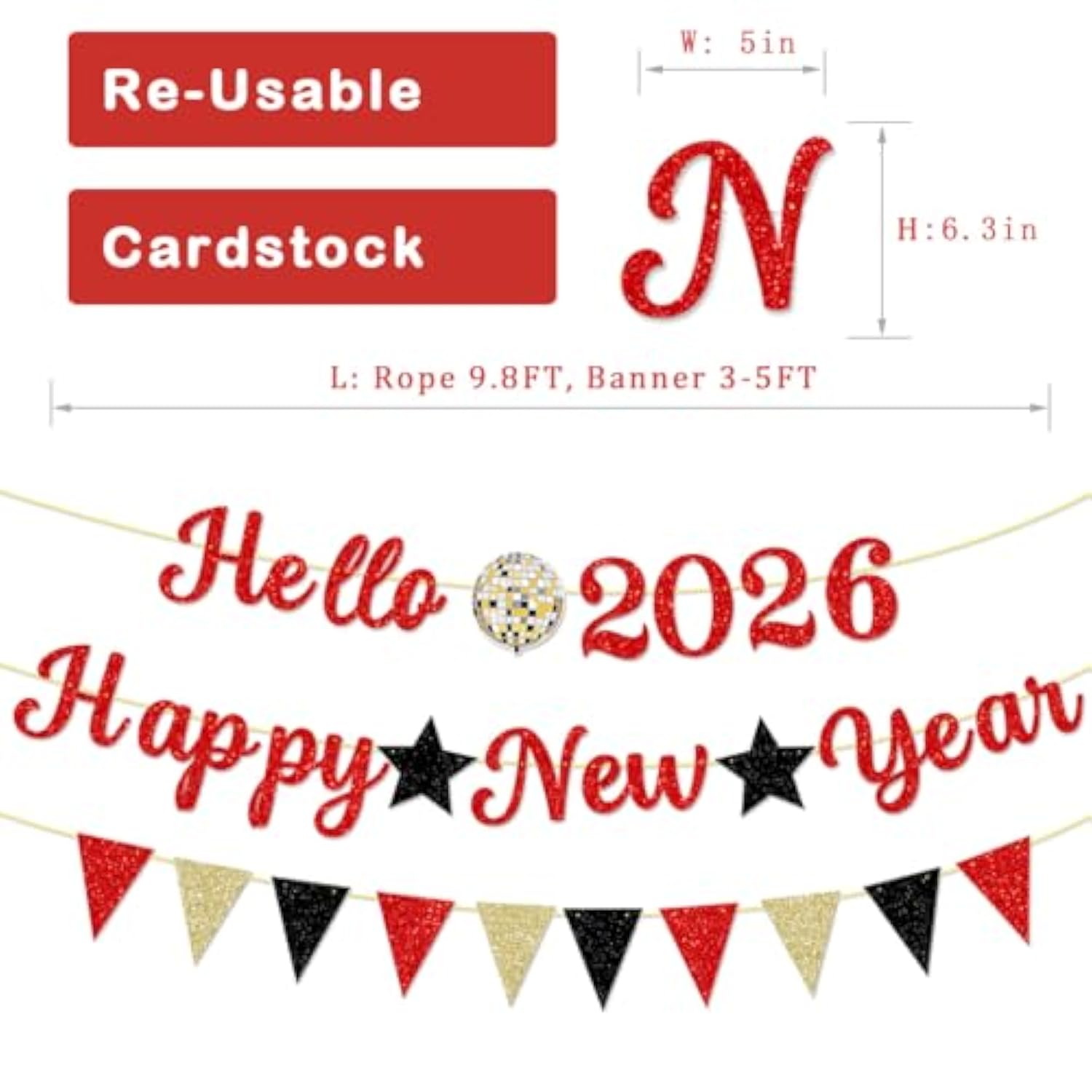 2026 New Year Banner Red Glitter Hello 2026 Party Decoration Backdrop