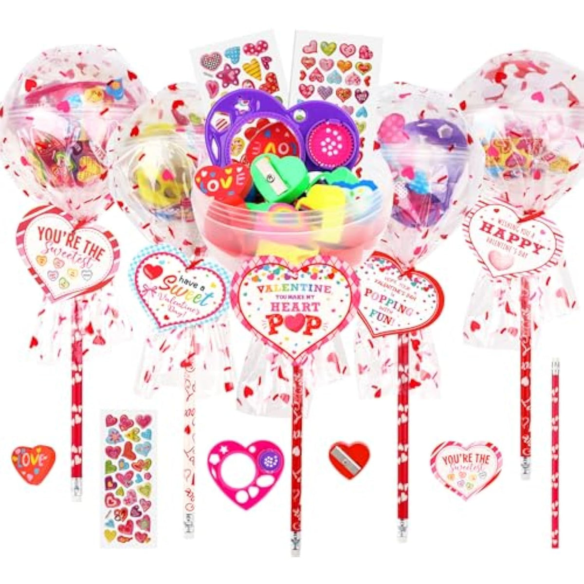 Valentine’S Day Gifts For Kids–28 Pack Giant Lollipop-Shaped Stationery Set With Heart Cards, Pencils, Stickers, Erasers & Ruler For Classroom Valentines Exchange And School Party Favors