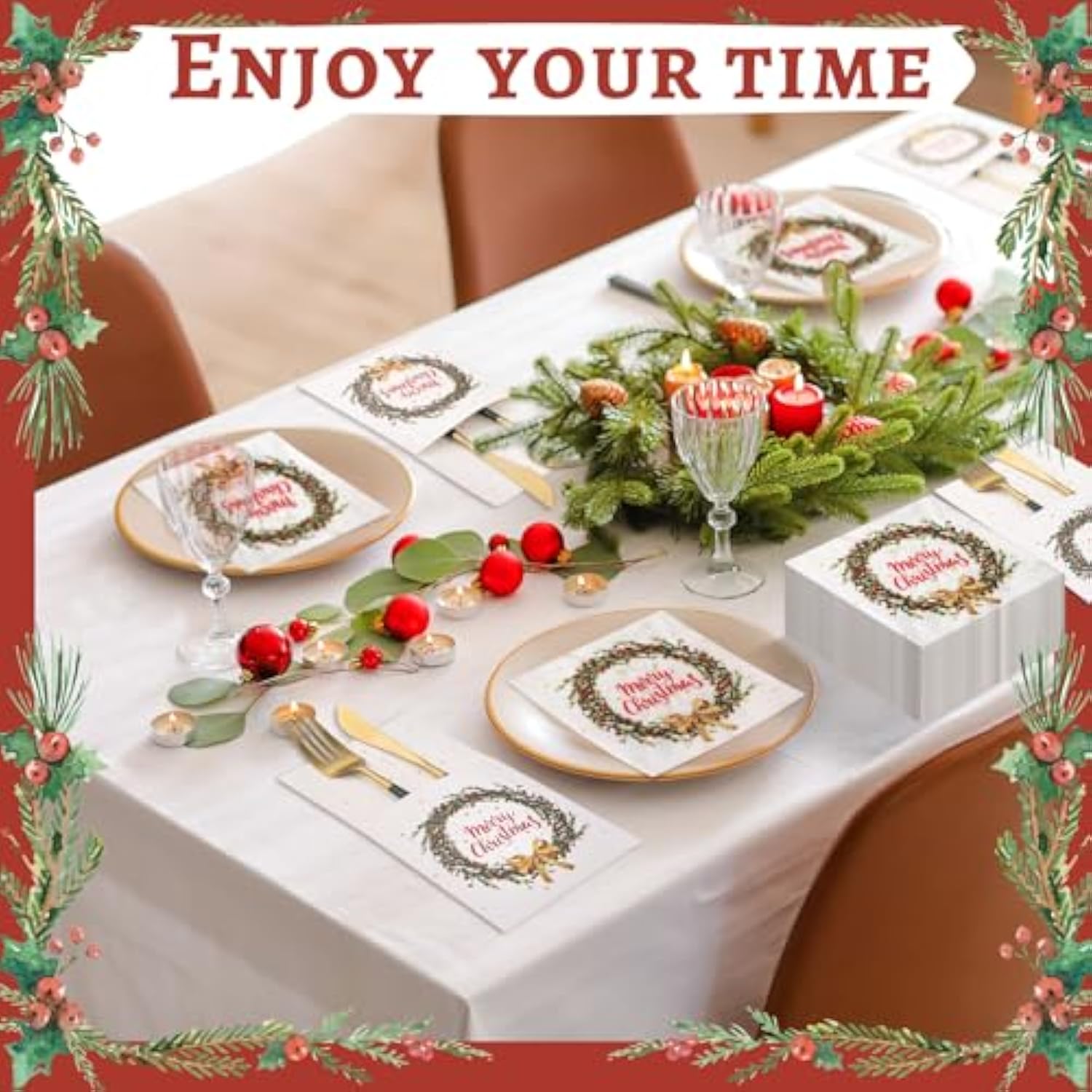 150 Pcs Christmas Disposable Cocktail Napkins With Flatware Pocket Set Merry Christmas Paper Napkins With Cutlery Holders For Xmas Party Silverware Supplies
