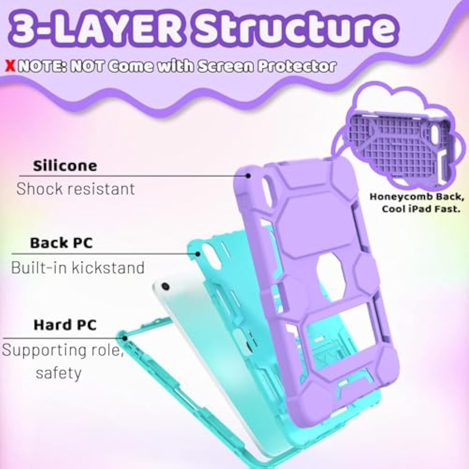 Case For A16 11Th Generation 11 Inch 2025, 10Th Generation 10.9 Inch 2022, With Kickstand & Pencil Holder, Heavy Duty Shockproof Hybrid Protective Cover For Kids Girls, Purple+Green
