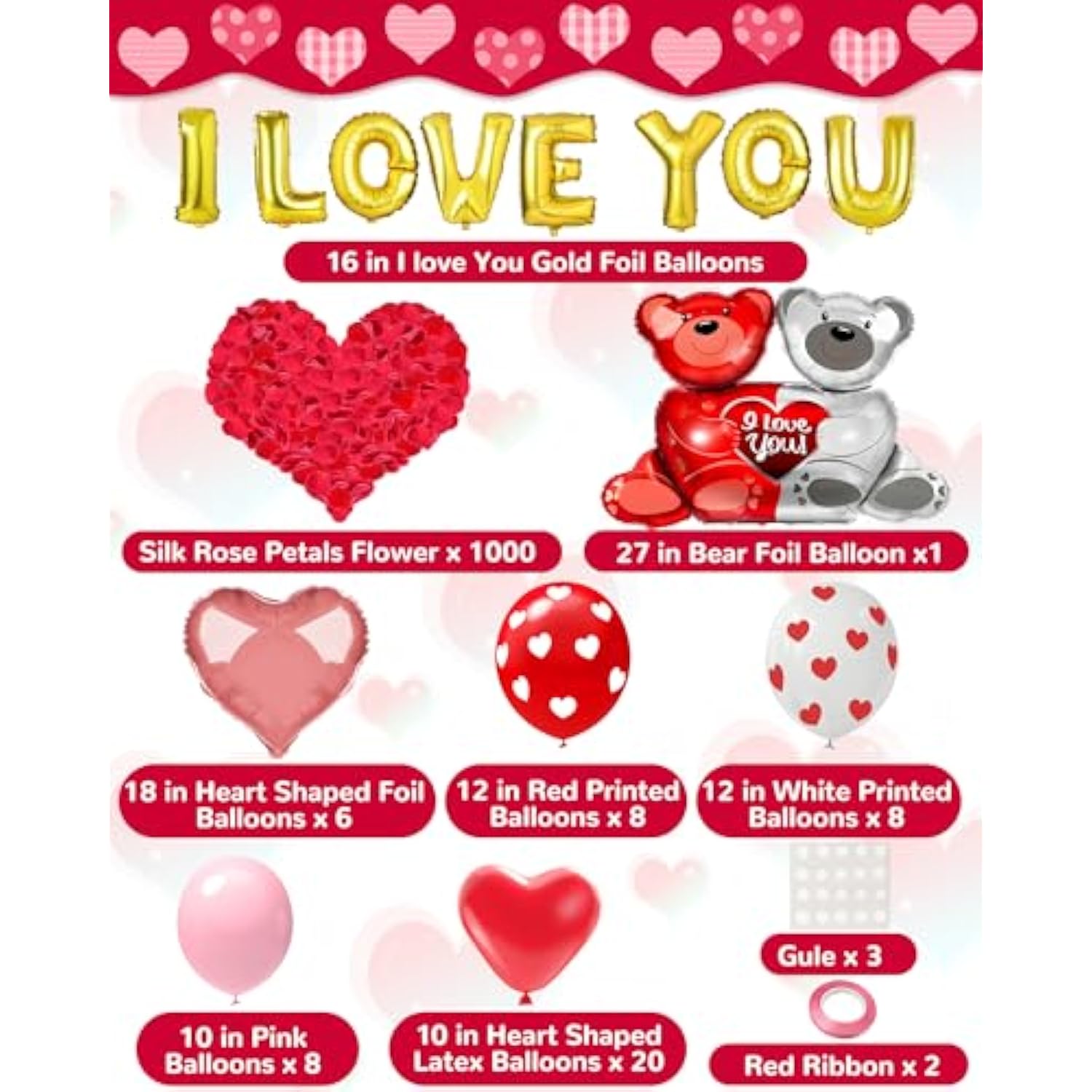 Valentines Balloon Kit Decor With I Love You Balloons, Heart Balloons