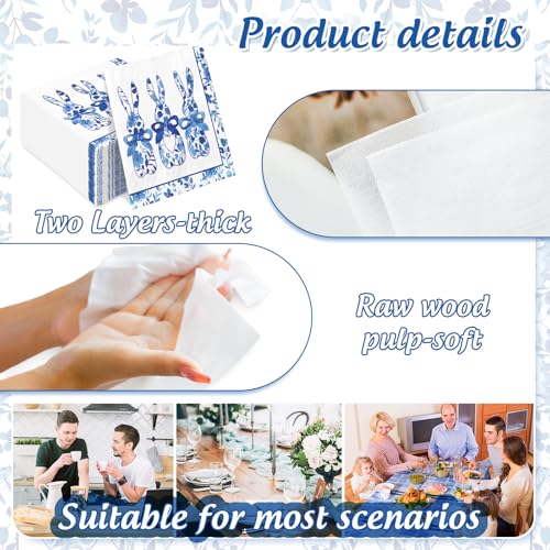 50 Pcs Easter Paper Napkin Blue Chinoiserie Bunny Disposable Luncheon Napkins Rabbit Decorative Dinner Napkin for Holiday Birthday Baby ShowerParty Tableware Supplies