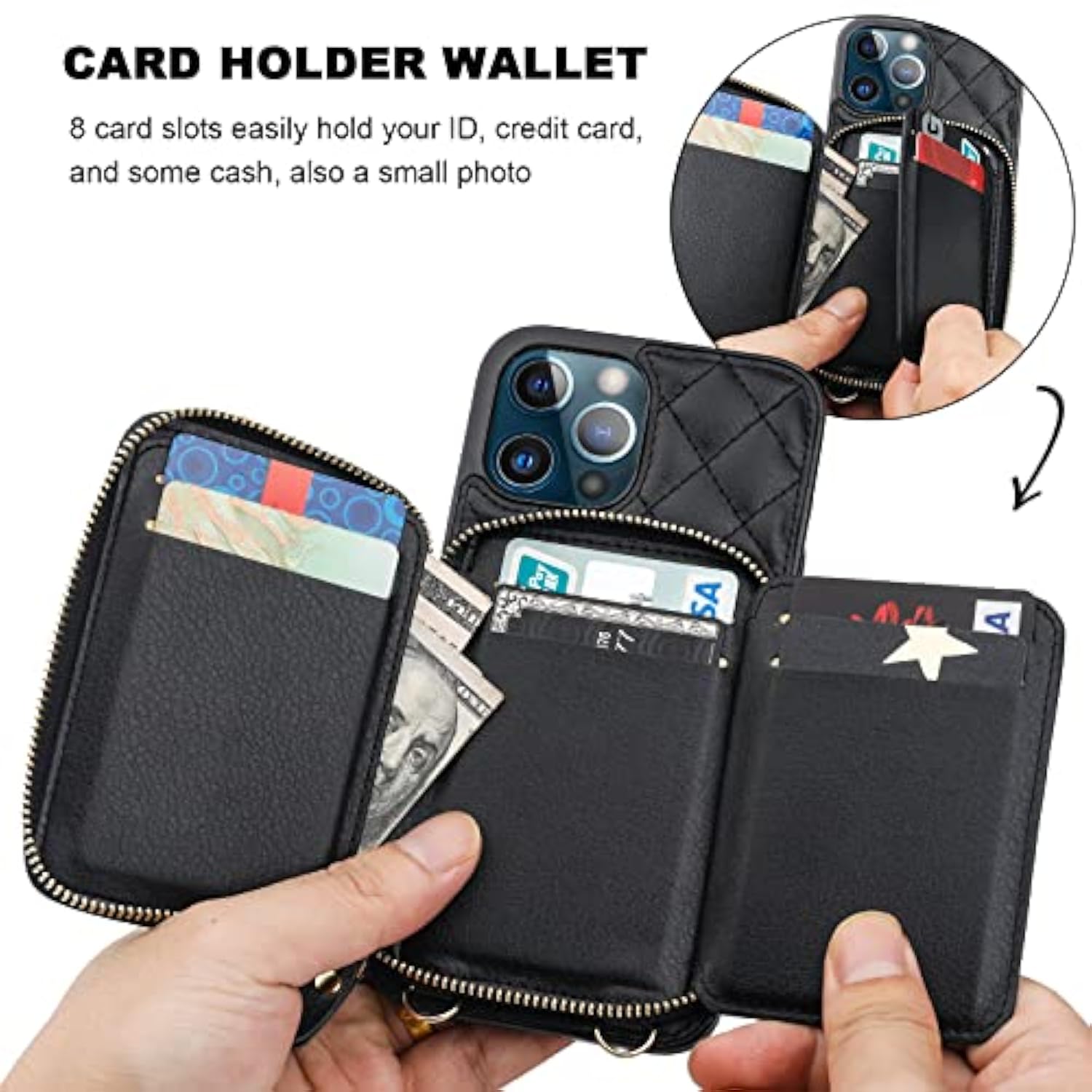 Crossbody Wallet Case For Iphone 13 Pro Max, Rfid Blocking Pu Leather Zipper Handbag Purse Flip Cover, Kickstand Folio Case With Card Slots Holder Wrist Strap Lanyard 5G 6.7 Inch (Black)