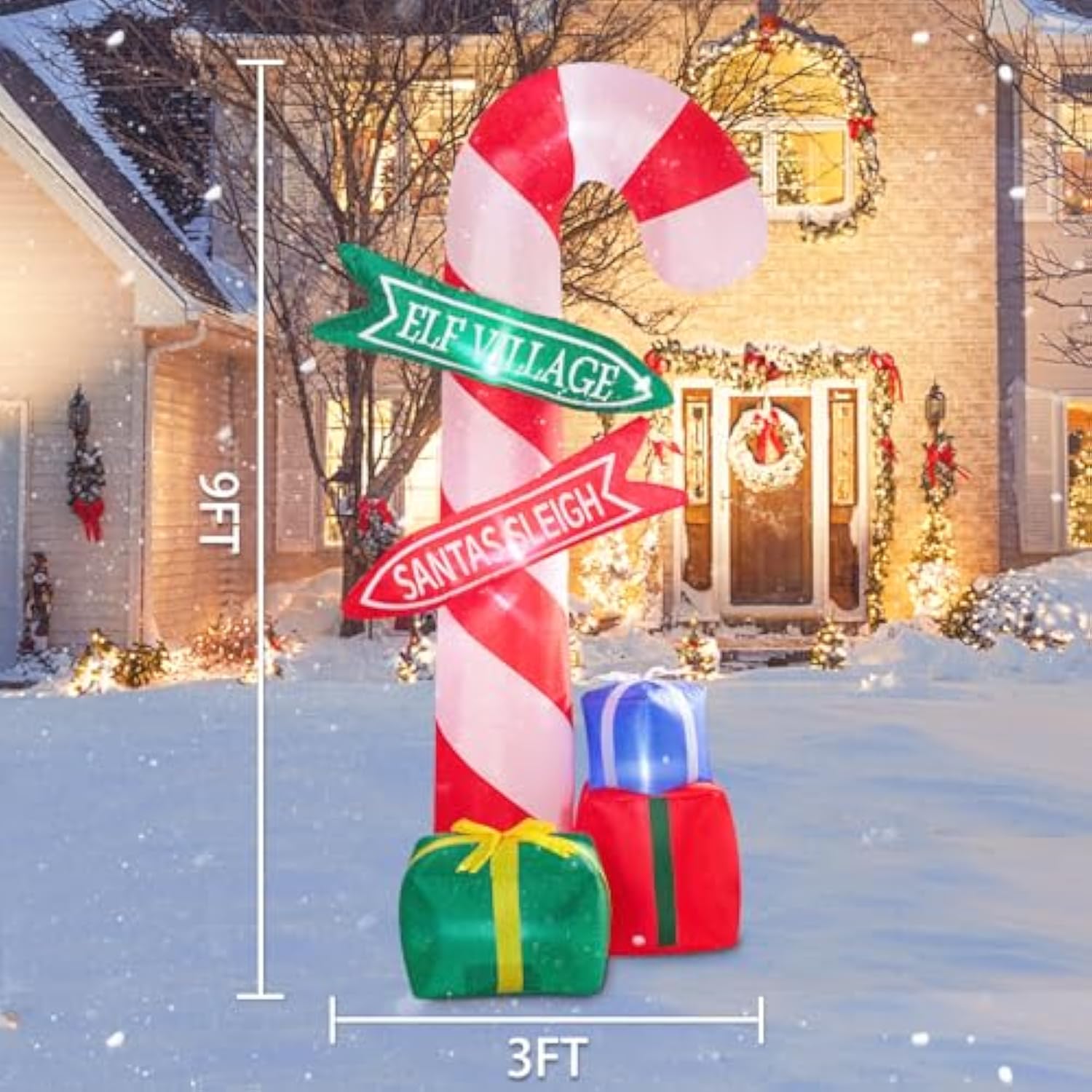 9 Ft Tall Christmas Inflatables Outdoor Decorations, Inflatables Candy Cane With Road Sign Blow Up Merry Christmas Bag Y