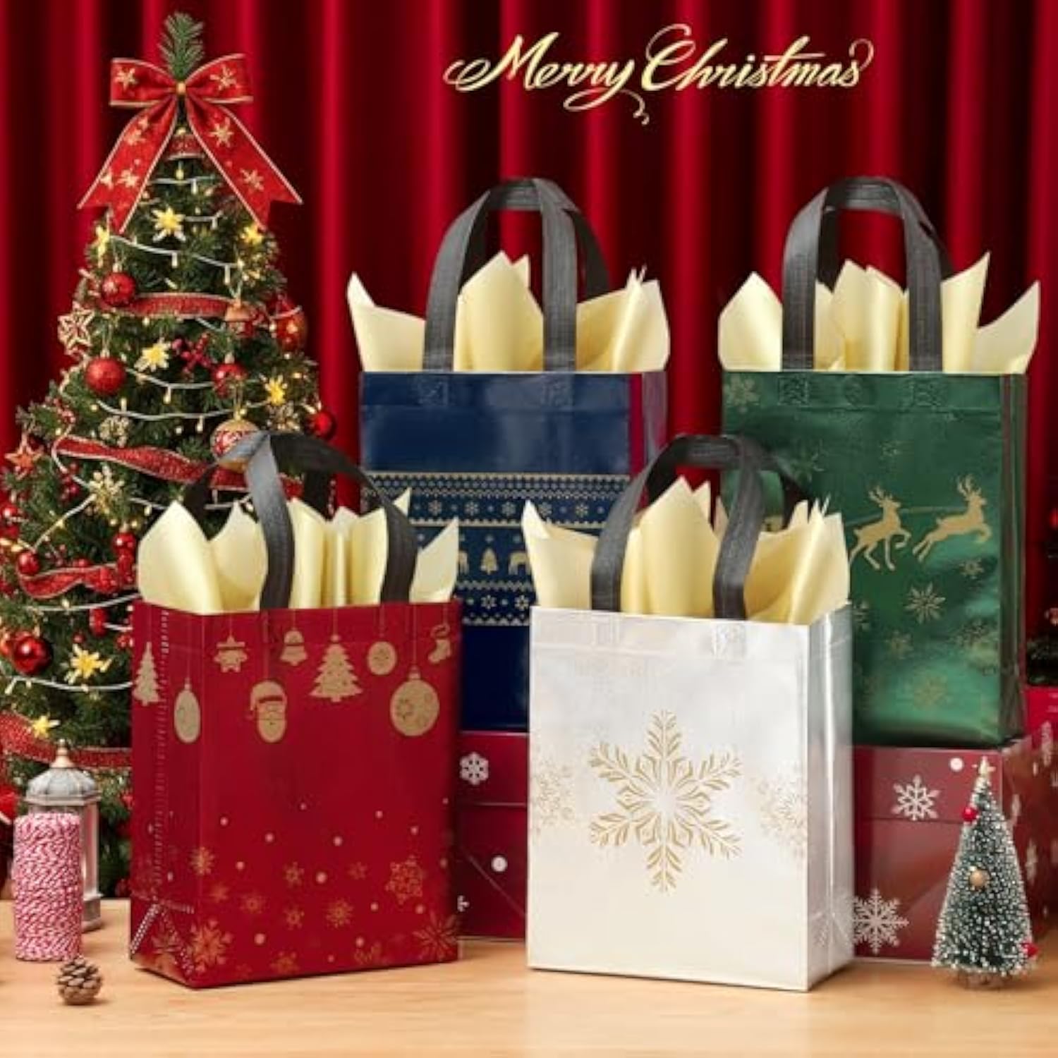 16 Pack 10" Christmas Gift Bags Medium Size With Tissue Paper, Reusable Non-Woven Christmas Tote Bags With Handles, Perfect For Holiday Gift Wrap/Party Favor Supplies, 10.2" × 8.3" × 4"
