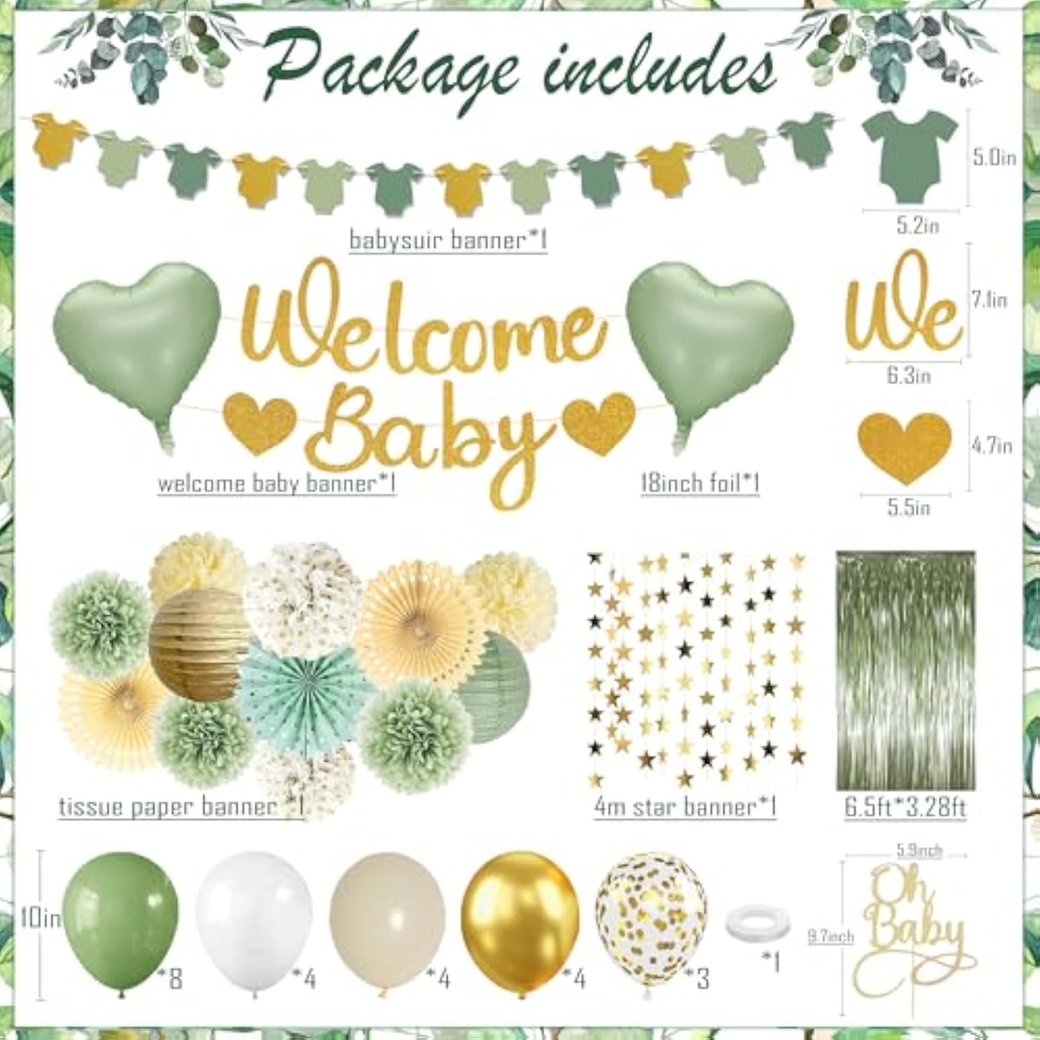 Sage Green Baby Shower Decorations - Gender Neutral Baby Shower Decor Set With Welcome Baby Banner, Tissue Pom Poms, Paper Lanterns, Flower Fans, Balloons, "Oh Baby" Cake Topper & Star Garland