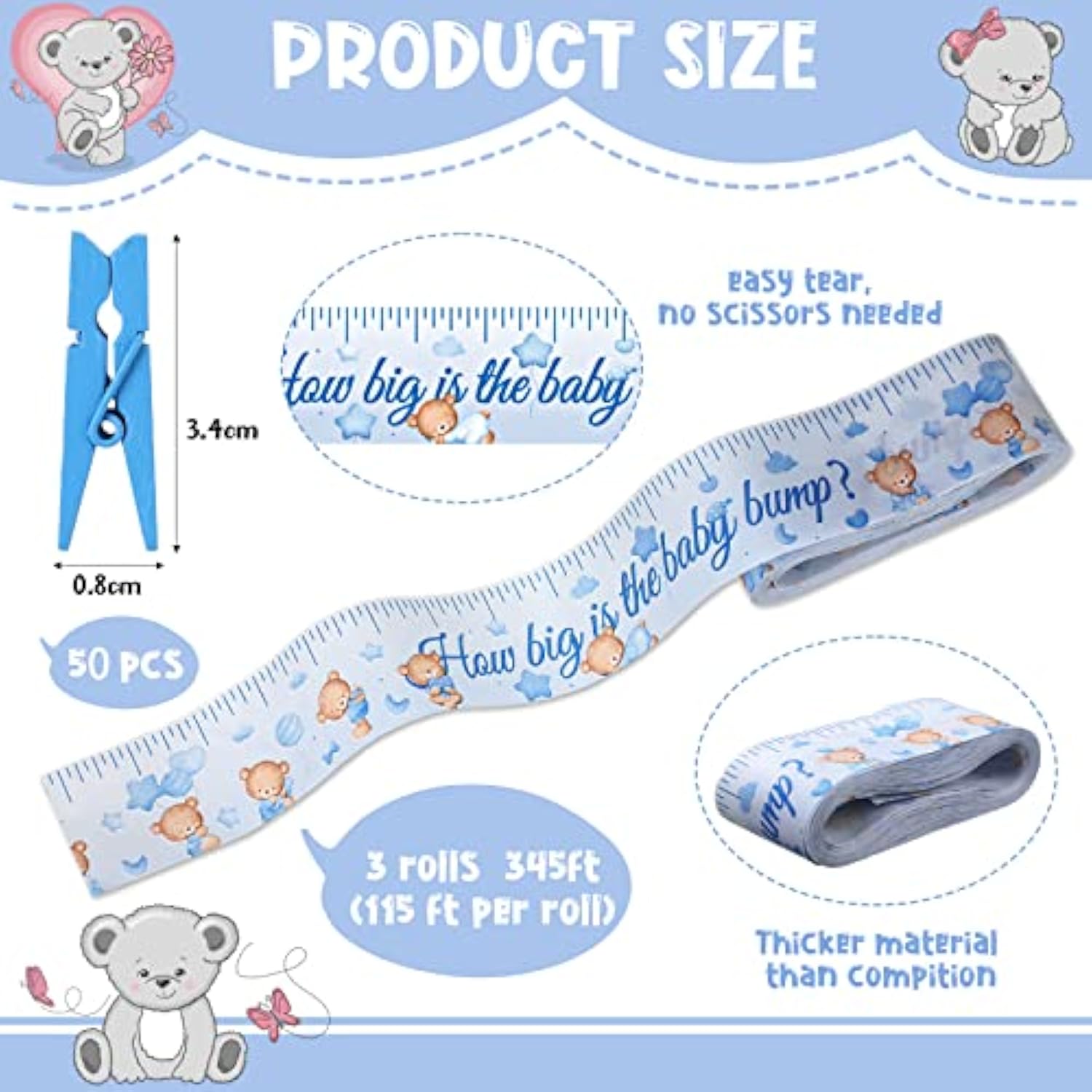 3 Rolls Baby Shower Measure Belly Game Baby Shower Games How Big Is Bump Belly Measuring Tape For Gender Reveal Games Party Supplies, 2 Inch X 115 Ft (Blue Bear Style)