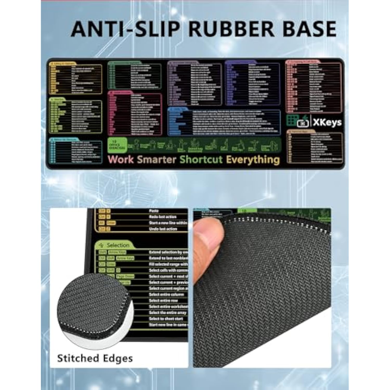 Large Excel Shortcut Keys Mouse Pad Keyboard Shortcuts Cheat Sheet Desk Mat Non-Slip Rubber Mousepad Computer Office Desk Pads (31.5" X 11.8")